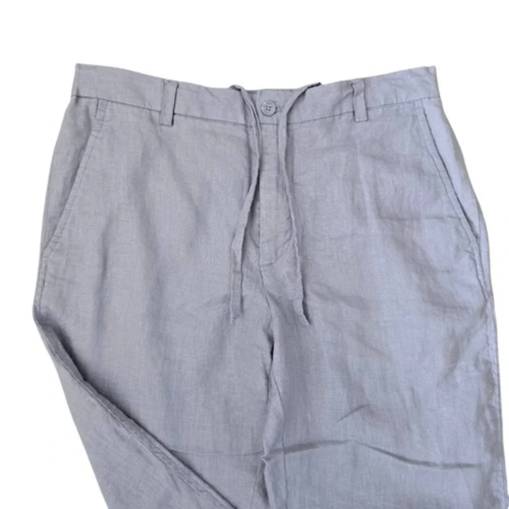 Zara Chino Pants Women's Medium Blue‎ Linen Blend Drawstring Straight Pockets